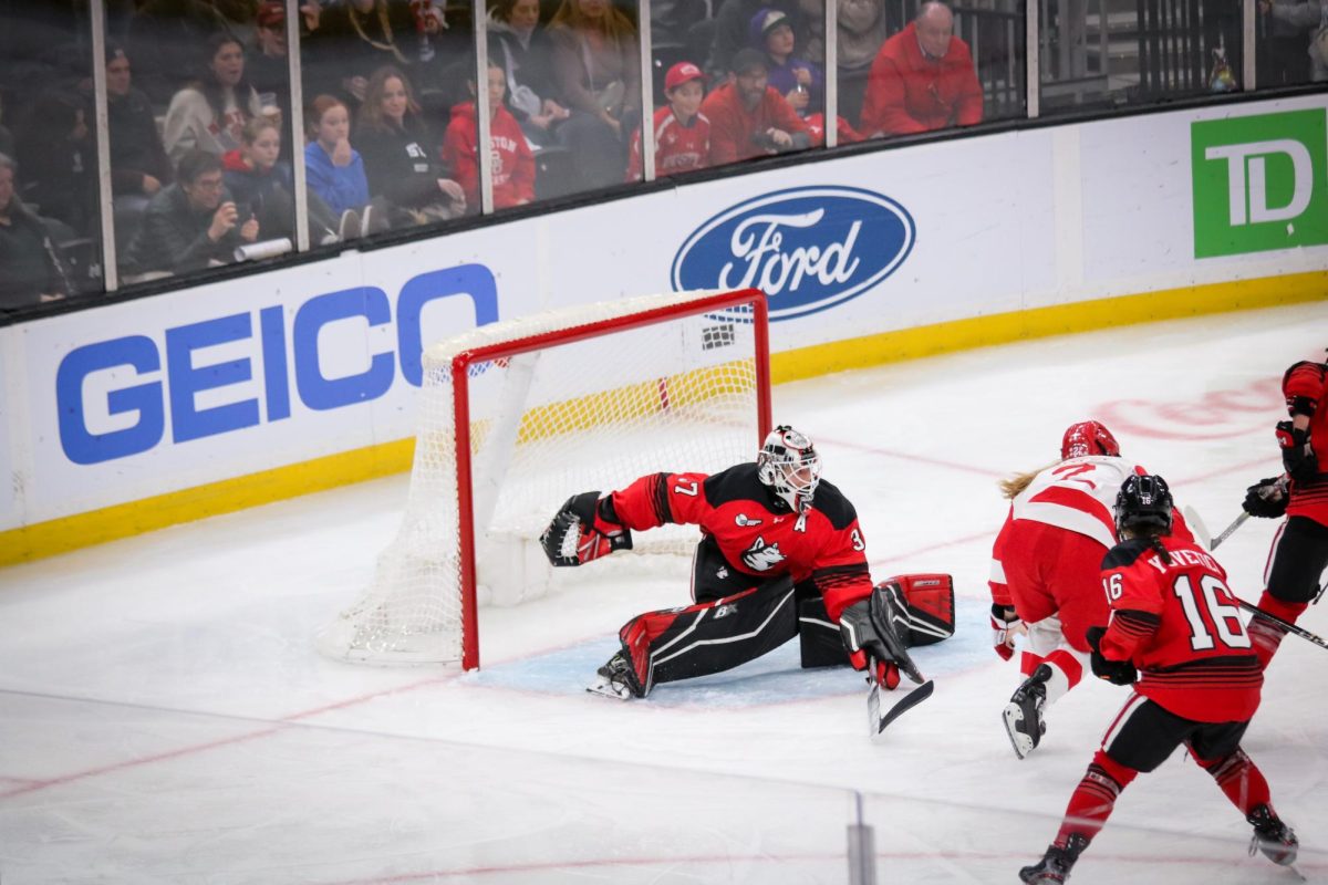 Gwyneth Philips protects the net in the 2024 Women's Beanpot championship. The Huskies beat BU 2-1 in overtime. 