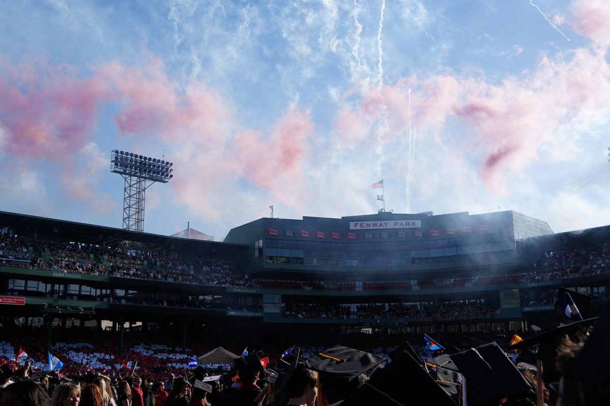 Fireworks erupt from the Fenway Park stadium as the graduates officially end their collage careers. The ceremony included musical and dance performances from campus clubs such as the Northeastern Pep Band and Kaliente Dance Group.