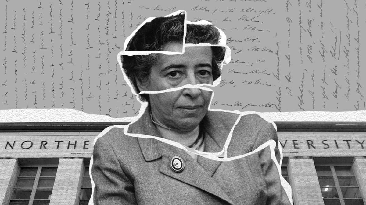A collage featuring Hannah Arendt, her letters and Northeastern University Ell Hall. Photo by Nia Calais. Photo courtesy Barbara Niggl Radloff, Wikimedia Commons. Letters courtesy Library of Congress, Manuscript Division, Hannah Arendt Papers. Collage by Margot Murphy.